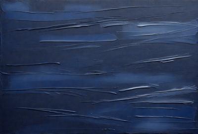 The primary subject of the image is a blue sky with a few clouds. The setting is a dark blue background, which creates a contrast with the lighter blue sky. The visual style is a painting, with a focus on the sky and clouds. The colors and mood of the image are predominantly dark and moody, with the blue sky and clouds providing a sense of depth and atmosphere.