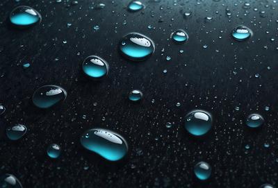 The primary subject of the image is a close-up of a black surface with numerous blue droplets of water scattered across it. The setting appears to be a dark, possibly rainy, environment. The visual style of the image is a close-up, which emphasizes the details of the water droplets. The colors and mood of the image are predominantly dark and moody, with the blue droplets providing a touch of brightness and contrast.