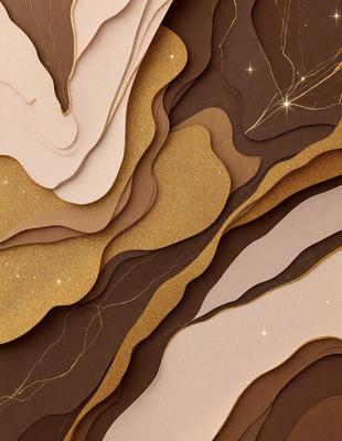 The primary subject of the image is a collage of various papers, featuring gold and brown colors. The setting is a wall, and the visual style appears to be a combination of photo and digital art. The collage creates a warm and inviting atmosphere, with the gold and brown colors adding a sense of richness and depth to the scene.