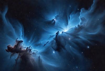 The primary subject of the image is a blue nebula, which is a cloud of gas and dust in space. The setting is a dark, starry sky, with the nebula being the main focus of the image. The visual style is a combination of a photo and digital art, creating a unique and captivating representation of the celestial object. The dominant colors are blue and black, with the blue nebula standing out against the dark background. The overall atmosphere of the image is one of wonder and awe, as it showcases the beauty and complexity of the universe.