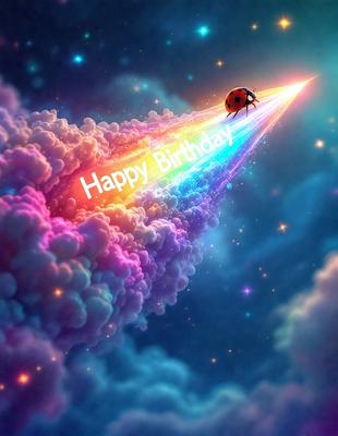 Happy Birthday: [The main object, scene, or focus of the image is a birthday message, possibly a digital art or illustration, with a colorful and happy atmosphere.]

Setting/background: [The setting is a colorful and vibrant sky, with clouds and a rainbow visible in the background.]

Visual style: [The image is a digital art or illustration, featuring a birthday message and a colorful sky.]

Colors and mood: [The dominant colors are pink, purple, and blue, creating a happy and celebratory mood.]