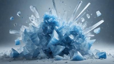 The primary subject of the image is a large pile of blue and clear ice crystals. The setting is a white background, which contrasts with the vibrant colors of the ice crystals. The visual style is a combination of photo and digital art, creating a realistic yet artistic representation of the ice crystals. The colors and mood of the image are predominantly blue and cold, evoking a sense of winter and frozen beauty.