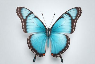 The primary subject of the image is a blue butterfly with black wings. The butterfly is prominently displayed in the foreground, covering a significant portion of the image. The setting is a white background, which provides a clean and uncluttered environment for the butterfly to stand out. The visual style of the image is a close-up, focusing on the intricate details of the butterfly's wings and body. The colors and mood of the image are predominantly blue and calm, creating a serene and peaceful atmosphere.