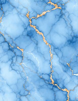 The primary subject of the image is a blue and gold marble wall. The setting is a room with a blue and gold marble wall, which serves as the background. The visual style is a digital art, illustration, or drawing, as the marble wall appears to be a digital creation. The dominant colors are blue and gold, creating a luxurious and elegant atmosphere.