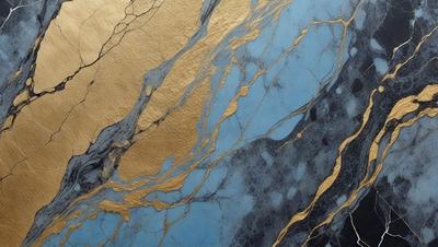 The primary subject of the image is a blue and gold marbled surface, which appears to be a piece of art or a decorative item. The setting is a room with a blue and gold marbled wall, which complements the main subject. The visual style of the image is a close-up of the marbled surface, showcasing its intricate patterns and colors. The dominant colors in the image are blue and gold, creating a luxurious and elegant atmosphere.