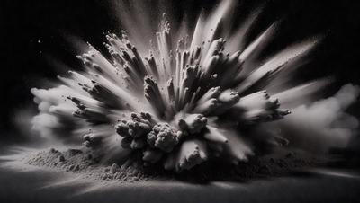 The primary subject of the image is a large, black, and white explosion, which appears to be a dust cloud or a powdery substance. The setting is a black background, which contrasts with the white and black colors of the explosion. The visual style of the image is a close-up of the explosion, showcasing its details. The colors and mood of the image are dramatic and intense, as the explosion creates a sense of chaos and destruction.