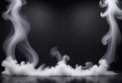 The primary subject of the image is a cloud of smoke, which is the main object, scene, or focus of the image. The setting is a black background, which creates a dramatic contrast with the smoke. The visual style is a photo, capturing the smoke as it billows and swirls. The colors and mood of the image are predominantly dark, with the smoke being the main source of light and movement.