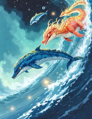 The primary subject of the image is a group of sea creatures, including a blue dolphin and a red and yellow dragon, flying through the air above a body of water. The setting is a blue ocean with waves, and the visual style is a digital art illustration. The colors and mood of the image are vibrant and energetic, with the blue dolphin and red and yellow dragon creating a sense of excitement and adventure.