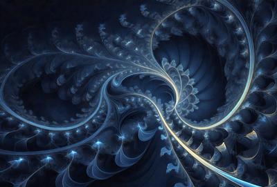 The primary subject of the image is a blue and white swirling pattern, which appears to be a digital art or illustration. The setting is a dark blue background, creating a contrasting and dramatic effect. The visual style is a combination of digital art and illustration, with a focus on the swirling pattern. The colors and mood of the image are predominantly dark and moody, with the blue and white swirls creating a sense of depth and intricacy.