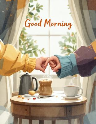 The image features a couple holding hands, with a cup of coffee in the foreground. The scene is set in a cozy environment, possibly a kitchen or a dining area. The visual style is a combination of digital art and illustration, creating a warm and inviting atmosphere. The primary subject is the couple, and the colors and mood are predominantly warm and comforting, with the presence of the coffee cup adding a touch of warmth and relaxation to the scene.