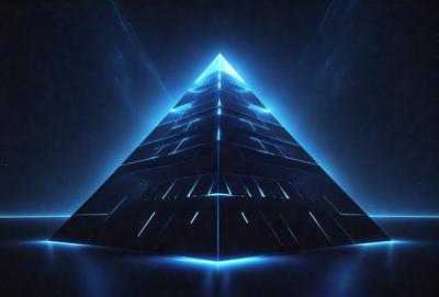 The primary subject of the image is a blue pyramid, which is the main object, scene, or focus of the image. The setting/background features a dark blue sky, which creates a contrasting and dramatic atmosphere. The visual style of the image is digital art, as it is a computer-generated representation of the pyramid. The dominant colors in the image are blue and black, giving it a modern and futuristic appearance.