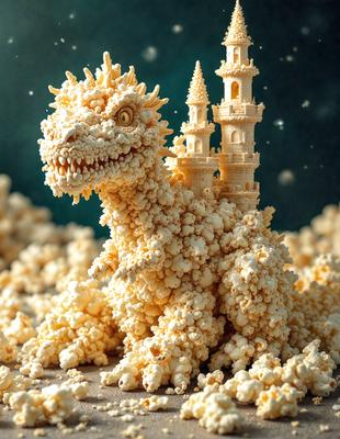 The primary subject of the image is a creatively designed cake that resembles a dinosaur. The cake is made of popcorn and features a mouth with a toothpick in it, adding to its realistic appearance. The setting is a table where the cake is placed, and the visual style is a combination of digital art and illustration. The colors and mood of the image are vibrant and playful, with the popcorn dinosaur cake being the main focus of the scene.
