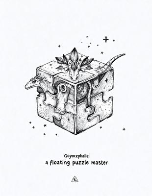 The primary subject of the image is a floating puzzle master, which is a drawing or illustration of a person or character. The setting is a white background, and the visual style appears to be a combination of digital art and illustration. The colors and mood of the image are predominantly black and white, giving it a classic and timeless appearance.