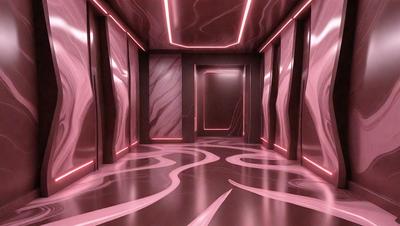 The primary subject of the image is a hallway with a pink floor and walls. The setting is a room with a doorway, and the visual style is a combination of photo and digital art. The colors and mood of the image are predominantly pink, creating a warm and inviting atmosphere.