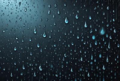 The primary subject of the image is a rainy day, as evidenced by the rain-soaked sky and the numerous droplets of water falling from it. The setting is a dark, cloudy sky, which adds to the overall mood of the scene. The visual style of the image is a close-up of the rainy sky, showcasing the water droplets and the dark background. The colors and mood of the image are predominantly dark and moody, with the rain and the cloudy sky creating a sense of gloominess.