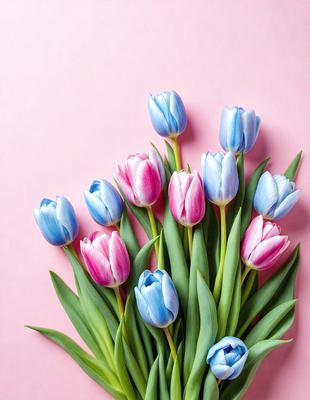 The primary subject of the image is a bouquet of colorful tulips, which are displayed in a vase. The bouquet consists of various shades of blue, pink, and white tulips, creating a visually appealing and vibrant scene. The setting is a pink background, which adds a touch of warmth and elegance to the overall composition. The visual style of the image is a close-up, allowing the viewer to appreciate the details of the tulips and the vase. The colors and mood of the image are lively and cheerful, as the tulips bring a sense of freshness and natural beauty to the scene.