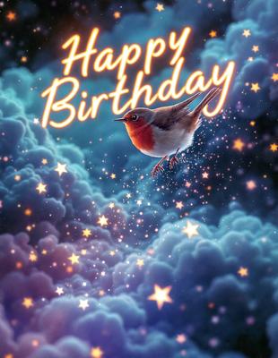 Happy birthday card with a bird flying in the sky.