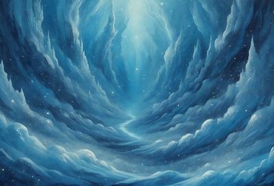 The primary subject of the image is a painting of a blue and white landscape. The setting is a mountainous area with a blue sky and clouds. The visual style is an illustration or a digital art piece, creating a sense of depth and dimension. The colors and mood of the painting are predominantly blue and white, giving it a serene and peaceful atmosphere.