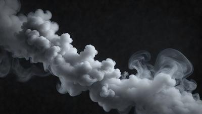 The primary subject of the image is a cloud of smoke, which is the main object, scene, or focus of the image. The setting is a dark background, which contrasts with the smoke. The visual style is a photo, as it captures the smoke in a realistic manner. The colors and mood of the image are predominantly dark, with the smoke being the main source of light and creating a dramatic atmosphere.