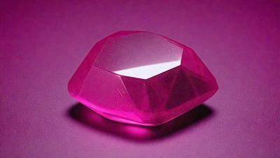 The primary subject of the image is a large, pink, square-shaped gemstone. The gemstone is placed on a purple surface, which serves as the setting or background. The visual style of the image is a close-up of the gemstone, showcasing its unique and vibrant color. The colors and mood of the image are predominantly pink and purple, creating a sense of elegance and luxury.