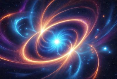 The primary subject of the image is a vibrant and colorful space scene, featuring a blue and orange background. The setting appears to be a galaxy or a celestial space, with a star at the center of the scene. The visual style of the image is a combination of photo and digital art, creating a unique and captivating representation of the universe. The colors and mood of the image are lively and energetic, with the blue and orange hues evoking a sense of wonder and exploration.