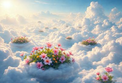 Primary subject: Flowers
Setting/background: Clouds
Visual style: Digital art
Colors and mood: Pink and white