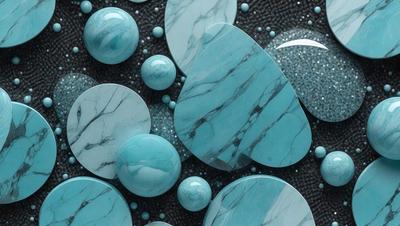 The primary subject of the image is a collection of blue and white marble-like stones. These stones are arranged in a visually appealing manner, creating a sense of depth and dimension. The setting is a patterned surface, which adds to the overall visual style of the image. The colors and mood of the image are predominantly blue and white, giving it a clean and elegant appearance.