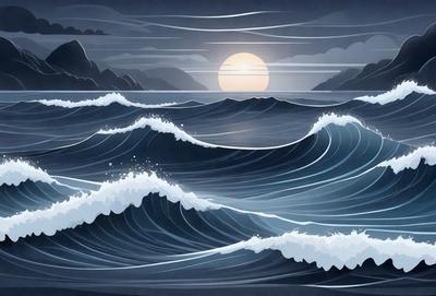 The primary subject of the image is a large body of water with waves crashing. The setting is a dark night, with the sun rising in the background, creating a serene and dramatic atmosphere. The visual style is a painting, which adds a sense of artistic expression and depth to the scene. The dominant colors are shades of blue and gray, which contribute to the overall mood of the image.
