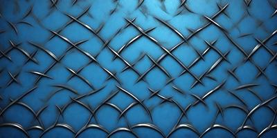 The primary subject of the image is a blue metal surface with a pattern of silver metal bars. The setting is a blue background, and the visual style appears to be a combination of a photo and digital art. The colors are predominantly blue and silver, creating a calm and serene atmosphere.