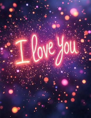 The primary subject of the image is the phrase "I Love You," which is written in a pink and white color scheme. The setting is a brightly lit background, possibly a night sky, with a multitude of sparkling lights. The visual style appears to be a combination of digital art and illustration, creating a vibrant and eye-catching display. The colors and mood of the image are predominantly warm and inviting, with the pink and white text standing out against the backdrop of the sparkling lights.