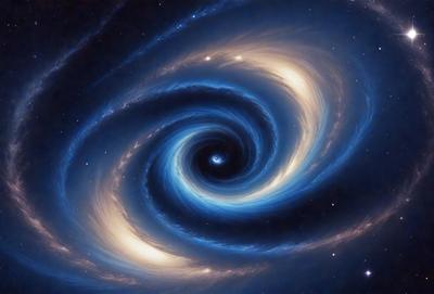 The primary subject of the image is a spiral galaxy, which is a large, swirling mass of stars and gas. The spiral galaxy is set against a dark, star-filled background, creating a striking contrast. The visual style of the image is a combination of photo and digital art, as it captures the beauty and intricacy of the galaxy. The colors and mood of the image are predominantly dark and dramatic, emphasizing the vastness and complexity of the spiral galaxy.