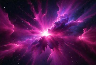 The primary subject of the image is a purple nebula, which is a cloud of gas and dust in space. The setting is a dark, starry sky, with the nebula being the main focus of the image. The visual style is a combination of a photo and digital art, creating a unique and captivating representation of the nebula. The colors and mood of the image are predominantly purple, giving it a serene and celestial atmosphere.