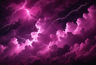 The primary subject of the image is a purple cloud with lightning bolts, creating a dramatic and intense atmosphere. The setting is a dark, cloudy sky, which adds to the overall mood of the scene. The visual style of the image is a combination of photo and digital art, as it captures the dynamic nature of the lightning bolts and the cloudy sky. The dominant colors in the image are purple and pink, which contribute to the dramatic and intense mood of the scene.