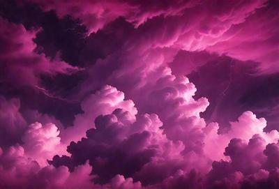 The primary subject of the image is a purple cloud with a pink hue, which is set against a dark purple sky. The visual style of the image is a digital art or illustration, creating a dramatic and moody atmosphere. The colors and mood of the image are predominantly purple and pink, with the cloud and sky taking on a dramatic and intense appearance.