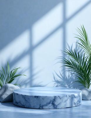 The primary subject of the image is a marble table, which is placed in front of a wall with a window. The setting is a room with a window, and the visual style is a photo. The colors and mood of the image are predominantly white, giving it a clean and minimalist appearance.