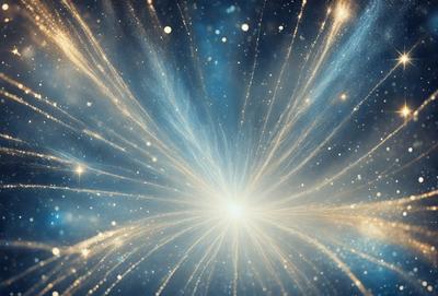 The primary subject of the image is a bright, colorful, and dynamic explosion of light. The setting is a dark, starry sky, which provides a contrasting backdrop for the vibrant light display. The visual style of the image is a combination of photo and digital art, creating a captivating and eye-catching scene. The colors and mood of the image are predominantly bright and energetic, with the light bursting forth and filling the entire frame.