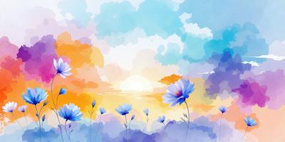 The primary subject of the image is a field of flowers, with a sunset in the background. The setting is a cloudy sky, and the visual style is a watercolor painting. The dominant colors are shades of blue, purple, and orange, creating a serene and calming atmosphere.