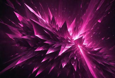 The primary subject of the image is a close-up of a pink and purple crystal-like structure. The setting is a dark background, which contrasts with the bright colors of the crystal. The visual style appears to be a digital art or illustration, as the image is composed of many small, interconnected shapes. The colors and mood of the image are vibrant and energetic, with the pink and purple hues creating a sense of warmth and liveliness.
