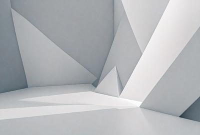 The primary subject of the image is a white triangle, which is the main object, scene, or focus of the image. The setting is a white wall, and the visual style is a digital art or illustration. The dominant colors are white, and the overall atmosphere is clean and minimalistic.