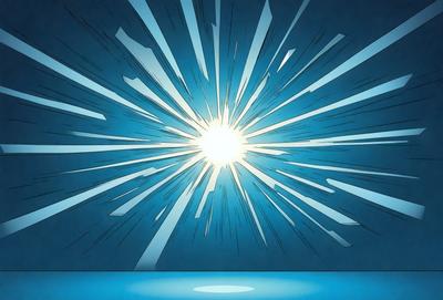 The primary subject of the image is a bright, white light, which appears to be a sun or a light source. The light is shining through a blue background, creating a vibrant and lively atmosphere. The visual style of the image is a combination of digital art and illustration, with the light source being the main focus of the composition. The colors and mood of the image are predominantly blue and bright, creating a sense of energy and dynamism.