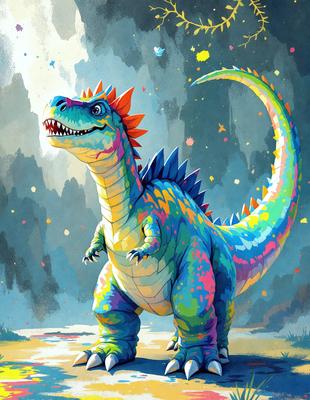 The primary subject of the image is a colorful, rainbow-colored dinosaur, likely a T-Rex, standing in a field. The setting is a cloudy sky, which adds to the overall atmosphere of the scene. The visual style of the image is a combination of digital art and illustration, creating a vibrant and lively appearance. The colors and mood of the image are predominantly bright and cheerful, with the rainbow colors of the dinosaur being the focal point.