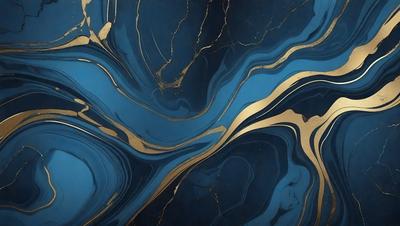 The primary subject of the image is a blue and gold swirling pattern, which appears to be a painting or a digital artwork. The setting is a blue background, and the visual style is a combination of photo and digital art. The dominant colors are blue and gold, creating a vibrant and lively atmosphere.