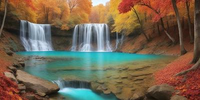 The primary subject of the image is a beautiful waterfall surrounded by a lush forest. The waterfall is located in a valley, and the water is flowing down the rocks, creating a serene and picturesque scene. The setting is a natural environment, with the waterfall being the main focus of the image. The visual style is a realistic representation of the waterfall and its surroundings, capturing the essence of the natural landscape. The colors and mood of the image are predominantly green and blue, reflecting the vibrant and tranquil atmosphere of the waterfall and the forest.