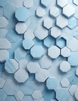 The primary subject of the image is a blue marble wall with a pattern of hexagonal tiles. The setting is a room with a blue marble wall, and the visual style is a photo. The dominant colors are blue and white, creating a calm and serene atmosphere.