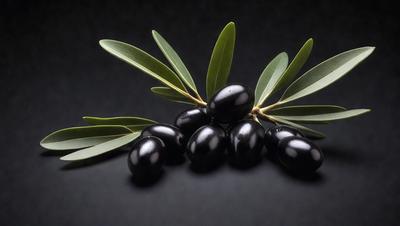 The primary subject of the image is a group of black olives. They are arranged on a black surface, which could be a table or a countertop. The olives are placed in a visually appealing manner, with some of them overlapping each other. The setting appears to be a simple, minimalistic environment, with no additional objects or distractions in the background. The visual style of the image is a close-up of the olives, emphasizing their shape and texture. The overall atmosphere of the image is calm and focused on the olives as the main subject.