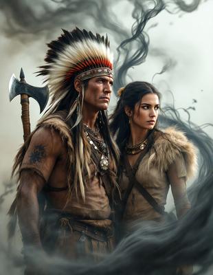 The primary subject of the image is a man and a woman, both dressed in Native American attire. They are standing together, possibly in a historical or cultural context. The setting appears to be a foggy or cloudy environment, which adds to the atmosphere of the scene. The visual style of the image is a combination of photo and digital art, creating a unique and intriguing representation of the man and woman. The colors and mood of the image are predominantly dark and moody, with the foggy background and the Native American attire contributing to the overall ambiance.