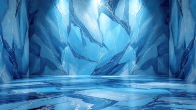 The primary subject of the image is a large, blue, icy-looking wall with a cracked and frozen appearance. The setting is a dark, icy environment, possibly a cave or an underground space. The visual style is a digital art or illustration, with a focus on the intricate details of the frozen wall. The dominant colors are blue and white, creating a cold and icy atmosphere.