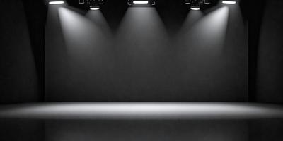 The primary subject of the image is a black and white photo of a stage with a spotlight shining on it. The setting is a black background, which creates a dramatic and intense atmosphere. The visual style is a black and white photo, which adds a classic and timeless feel to the image. The colors and mood are predominantly black and white, with the spotlight providing a contrasting element of brightness and focus.