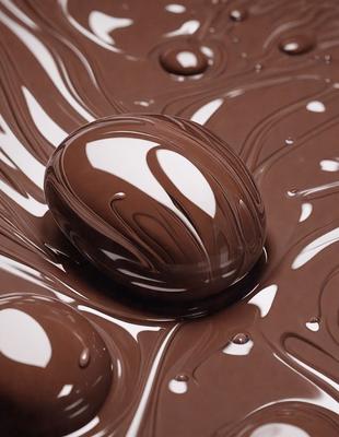 The primary subject of the image is a chocolate egg, which is the main object, scene, or focus of the image. The setting is a chocolate-covered surface, which could be a table or a piece of chocolate art. The visual style is a close-up of the chocolate egg, showcasing its details and texture. The colors and mood of the image are predominantly dark and rich, with the chocolate egg being the main source of visual interest and appeal.