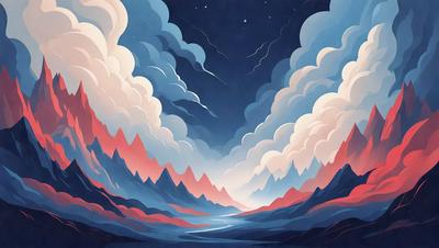 The primary subject of the image is a mountain range with a river flowing through it. The setting is a beautiful, colorful landscape with a blue sky and clouds. The visual style is a combination of digital art and illustration, creating a vibrant and dynamic scene. The colors and mood are predominantly blue and red, with a sense of tranquility and natural beauty.